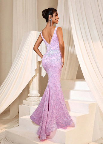 Светло-розовое вечернее платье с открытой спиной, годе SHEIN однотонное