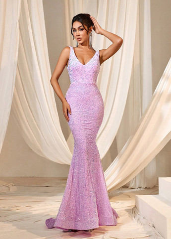 Светло-розовое вечернее платье с открытой спиной, годе SHEIN однотонное