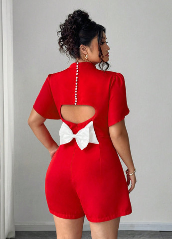 Комбинезон SHEIN комбинезон-шорты однотонный красный вечерний, деловой полиэстер