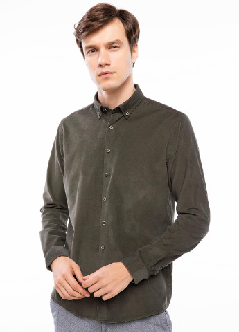 Оливковковая (хаки) кэжуал рубашка однотонная DeFacto с длинным рукавом