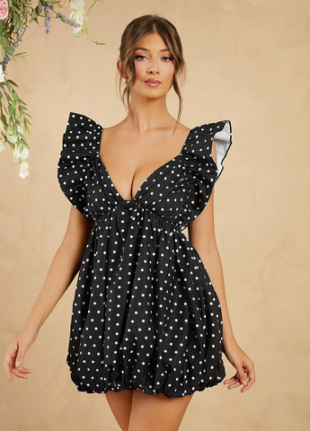 Чорна кежуал сукня балон, бебі долл, з відкритою спиною SHEIN в горошок