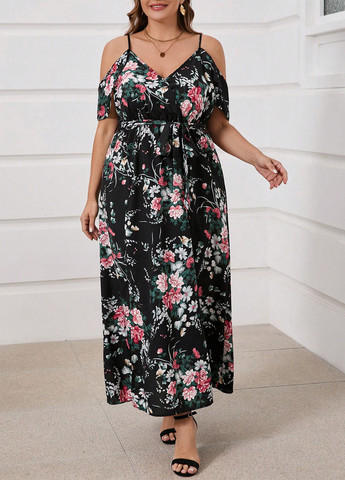 Черное кэжуал платье клеш, с открытыми плечами SHEIN с цветочным принтом