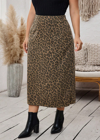 Коричневая джинсовая, кэжуал леопардовая юбка SHEIN