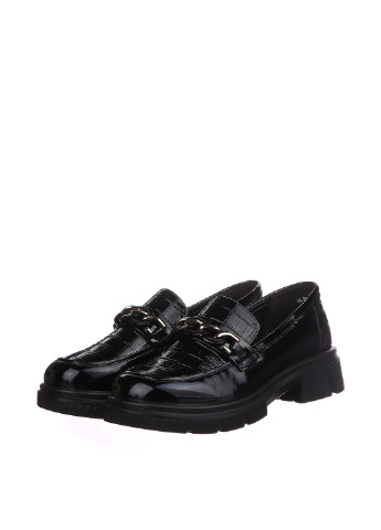 Черные женские кэжуал туфли лаковые, с тиснением, с цепочками на среднем каблуке румынские - фото