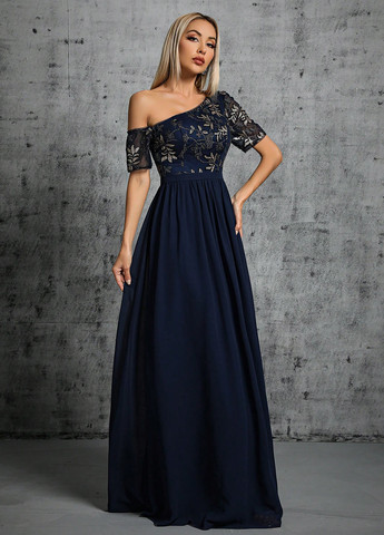 Темно-синя святковий, вечірня сукня на одне плече SHEIN з квітковим принтом