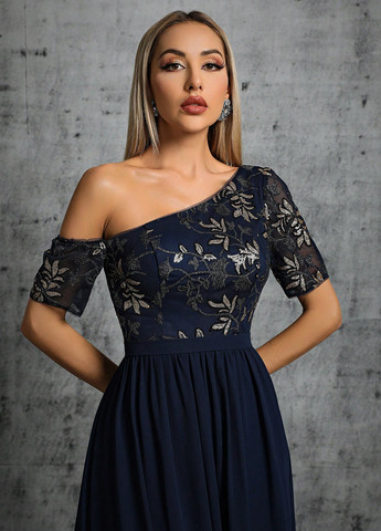 Темно-синя святковий, вечірня сукня на одне плече SHEIN з квітковим принтом