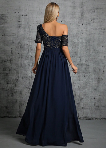 Темно-синя святковий, вечірня сукня на одне плече SHEIN з квітковим принтом