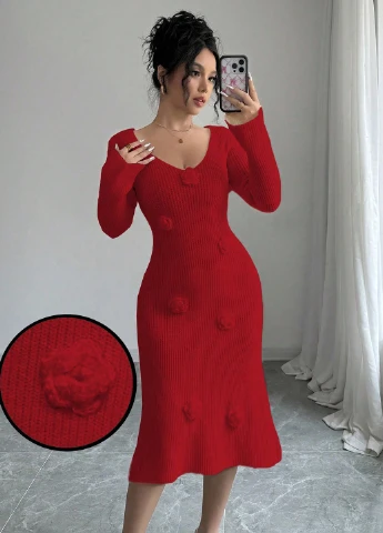 Красное кэжуал платье платье-свитер SHEIN однотонное