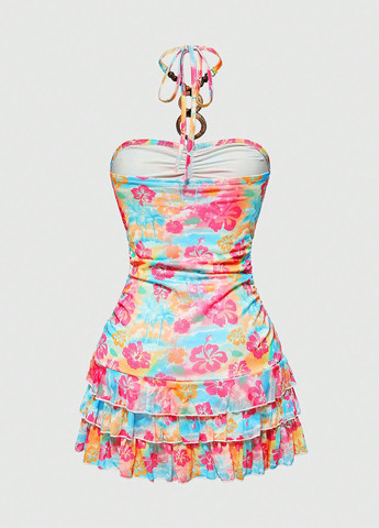 Комбинированное кэжуал платье бандо SHEIN с цветочным принтом