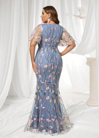 Темно-голубое праздничный, вечернее платье годе SHEIN колор блок