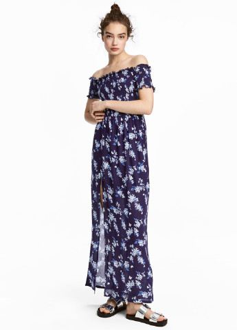 Темно-синее кэжуал платье с открытыми плечами H&M с цветочным принтом