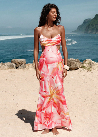 Светло-красное кэжуал платье с открытой спиной SHEIN с цветочным принтом