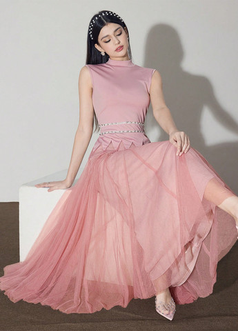 Світло-рожева святковий, вечірня сукня з пишною спідницею SHEIN однотонна