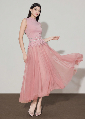 Світло-рожева святковий, вечірня сукня з пишною спідницею SHEIN однотонна