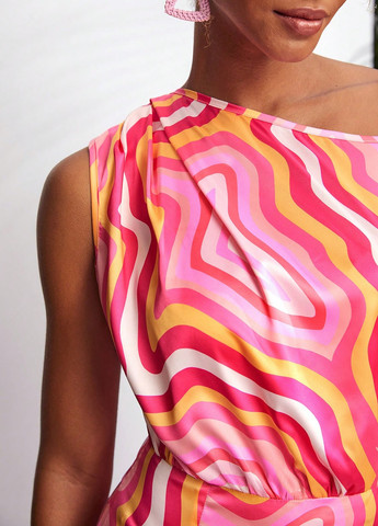 Комбинированное кэжуал платье на одно плечо SHEIN с абстрактным узором