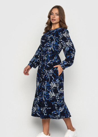Синя кежуал сукня міді зі штапелю дзвін, кльош BeART з квітковим принтом