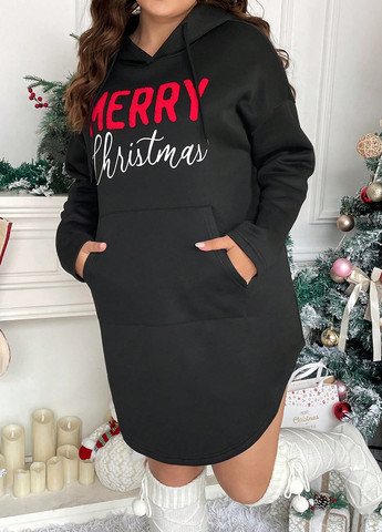 Черное кэжуал платье а-силуэт, платье-худи SHEIN с надписью