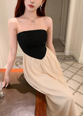 Комбінована кежуал, вечірня сукня а-силует, кльош, бандо SHEIN однотонна