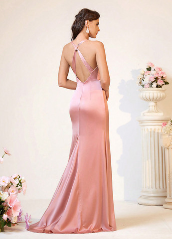 Рожева вечірня сукня годе, з відкритою спиною, зі шлейфом SHEIN однотонна