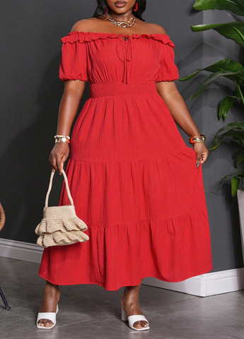 Красное кэжуал платье клеш, с открытыми плечами SHEIN однотонное