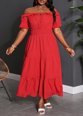 Красное кэжуал платье клеш, с открытыми плечами SHEIN однотонное