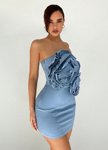 Серо-голубое коктейльное платье с открытой спиной, с открытыми плечами, силуэтная SHEIN однотонное