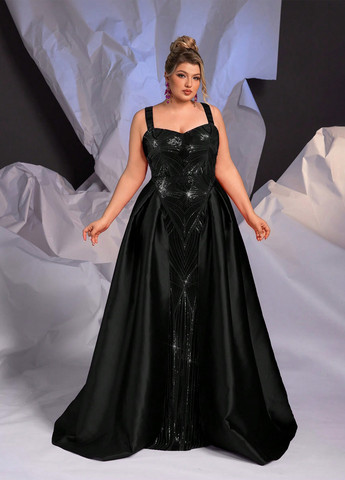 Чорна вечірня сукня зі шлейфом, в стилі армпір SHEIN однотонна