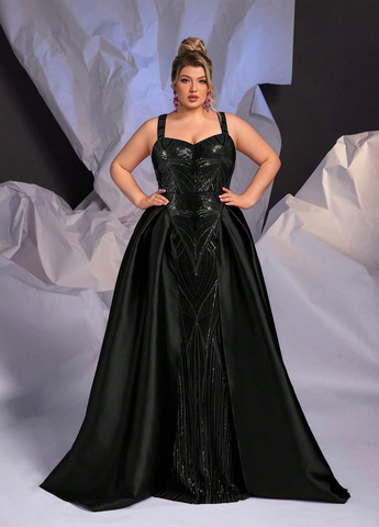 Чорна вечірня сукня зі шлейфом, в стилі армпір SHEIN однотонна