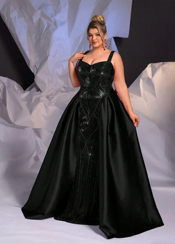 Чорна вечірня сукня зі шлейфом, в стилі армпір SHEIN однотонна