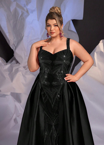 Чорна вечірня сукня зі шлейфом, в стилі армпір SHEIN однотонна