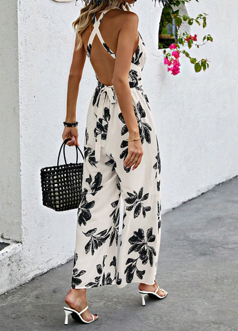 Комбинезон SHEIN комбинезон-брюки цветочный кремовый кэжуал полиэстер