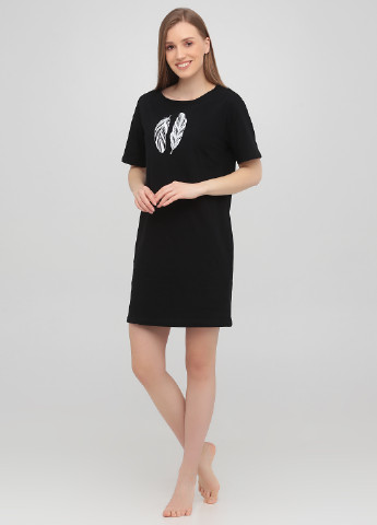 Черное домашнее футболка-платье, черная пёрышки платье-футболка KASTA design с рисунком