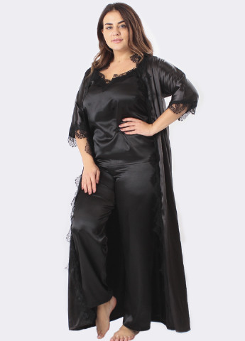 Чорний демісезонний комплект (топ, брюки, халат) Ghazel