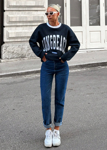 Темно-синій світшот Quzen напис без декору (335611274)