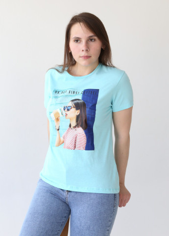 Бірюзова всесезон футболка жіноча бірюзова тонка пряма з принтом Mixray Прямая