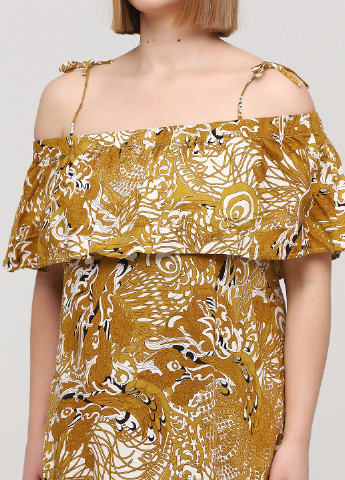 Горчичное кэжуал платье с открытыми плечами H&M с абстрактным узором
