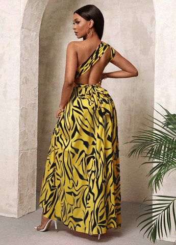 Желтое кэжуал платье а-силуэт, с открытой спиной SHEIN зебра