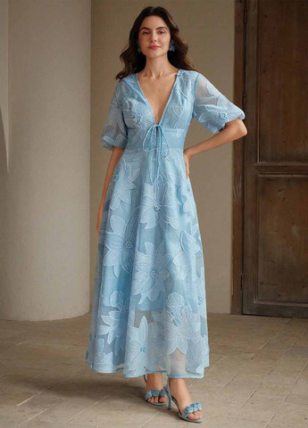 Голубое вечернее, кэжуал платье с юбкой-солнце, в стиле ампир SHEIN с цветочным принтом