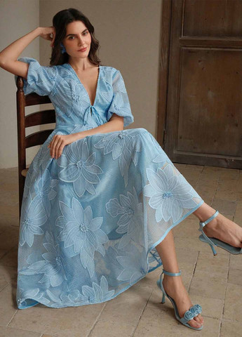 Голубое вечернее, кэжуал платье с юбкой-солнце, в стиле ампир SHEIN с цветочным принтом