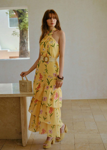 Желтое кэжуал платье с открытой спиной SHEIN с цветочным принтом