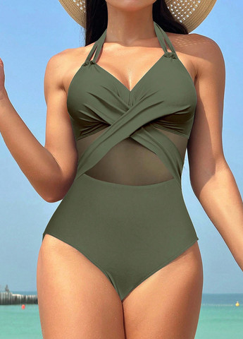 Сіро-зелений демісезонний купальник суцільний, халтер SHEIN