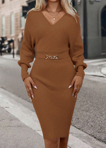 Светло-коричневое кэжуал платье платье-свитер, на запах SHEIN однотонное