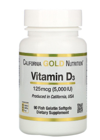 Витамин D3, 5000 МЕ (125 мкг),, 90 желатиновых капсул California Gold Nutrition (228292200)