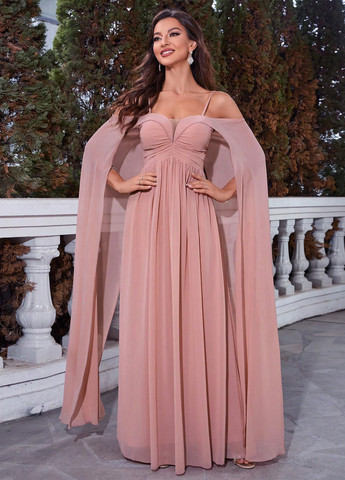 Светло-розовое вечернее платье платье-кейп, в стиле ампир, с открытыми плечами SHEIN однотонное
