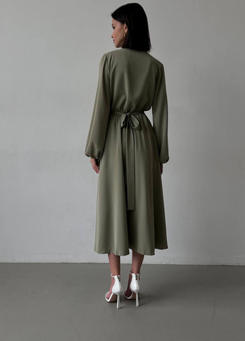 Оливкова (хакі) вечірня, кежуал сукня на запах No Brand однотонна