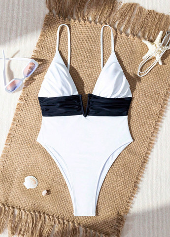 Чорно-білий літній купальник суцільний, пландж SHEIN