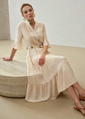 Кремовое кэжуал платье клеш SHEIN однотонное