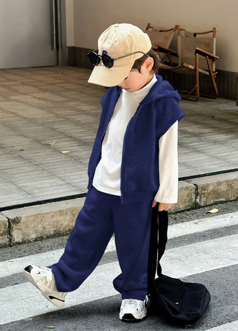 Темно-синій демісезонний костюм (жилет, лонгслів, штани) трійка SHEIN