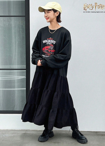 Черное кэжуал платье оверсайз SHEIN с рисунком