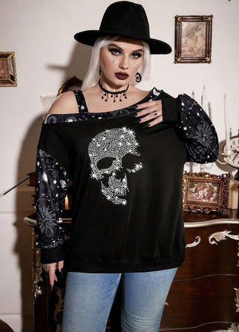 Черный свитшот SHEIN череп стразы (331035125)
